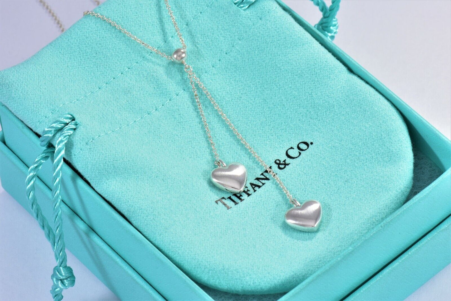 Boxed Tiffany & Co Silver Double Puff Heart Bead Drop Pendant Necklace Dangle