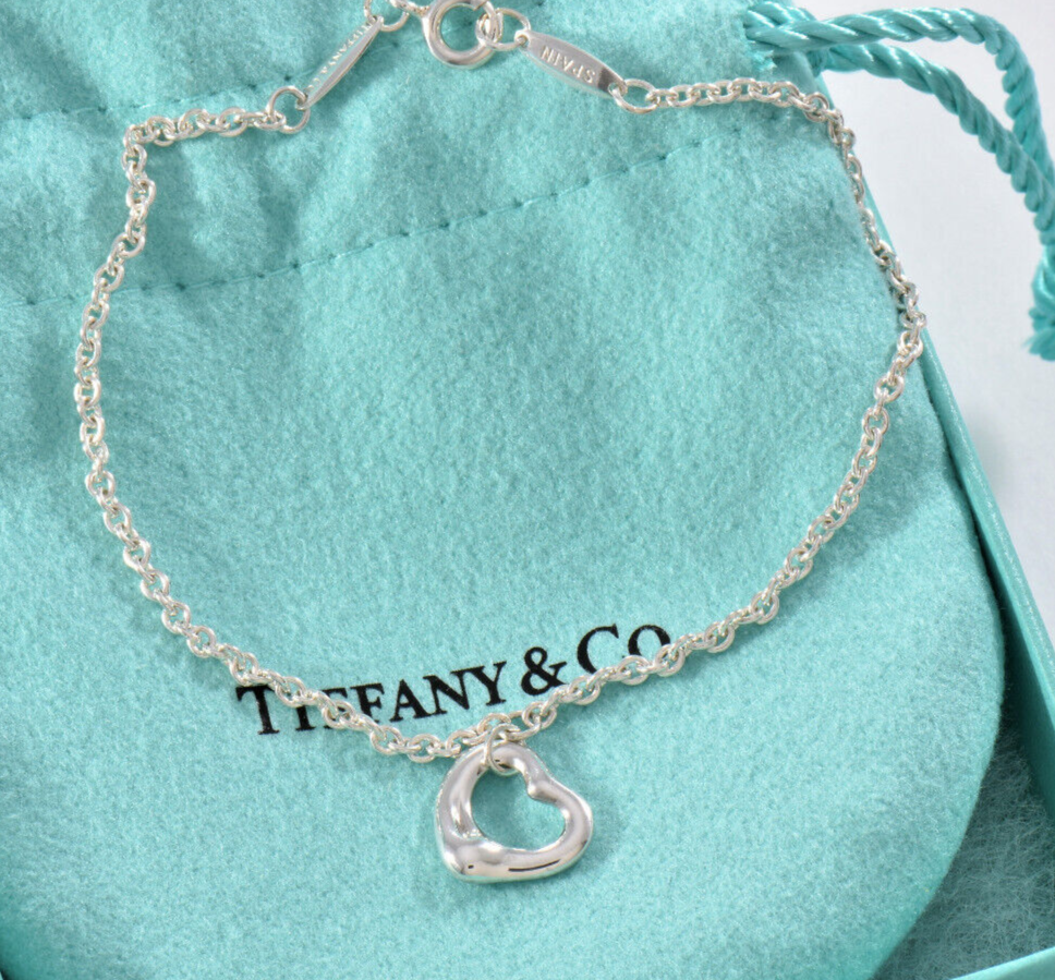 7.75" Tiffany & Co Sterling Silver Elsa Peretti Mini Open Heart Bracelet & Pouch