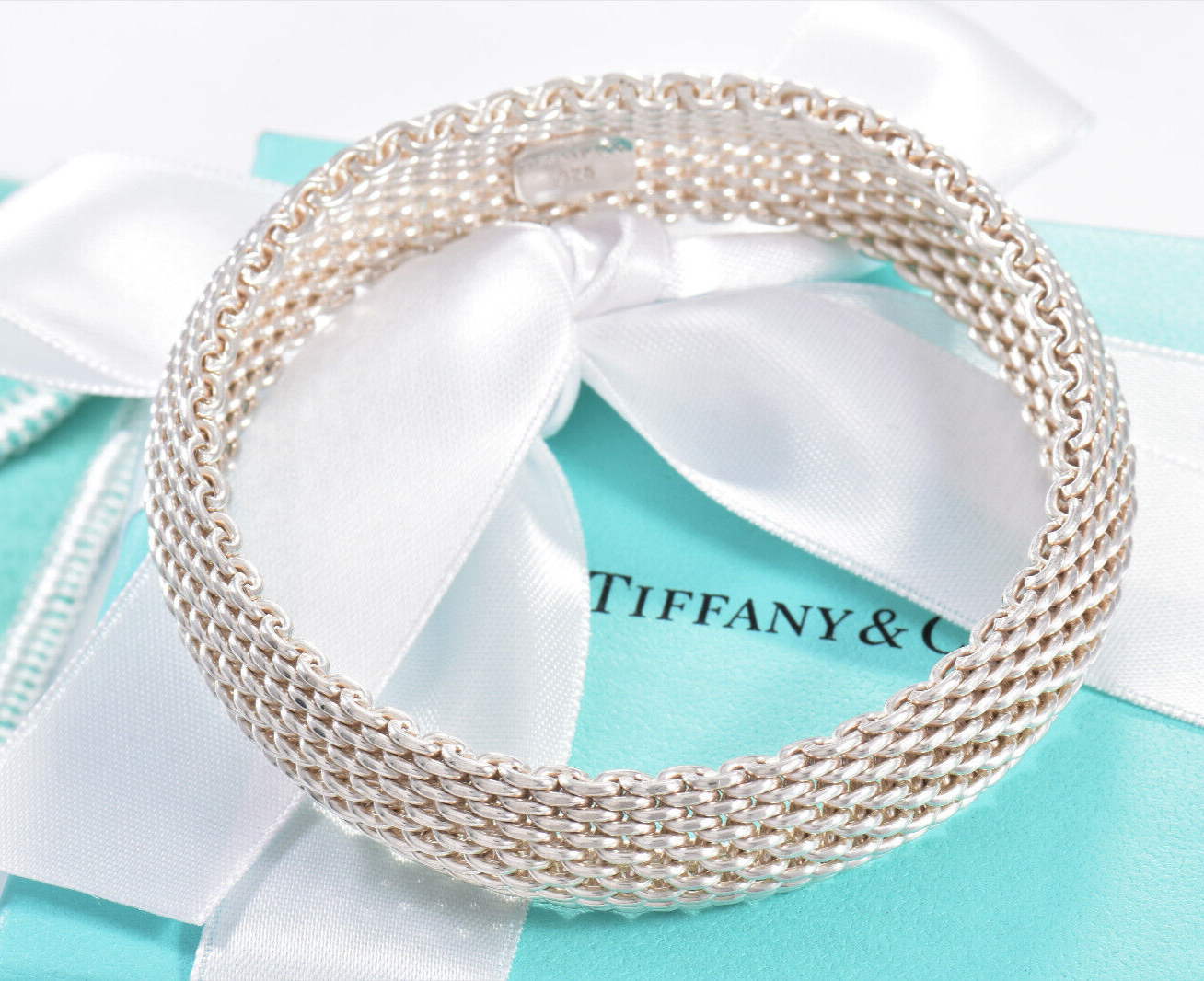 7.4” Tiffany & Co Silver Somerset Mesh Dome Bangle Bracelet in Box Pouch Ribbon