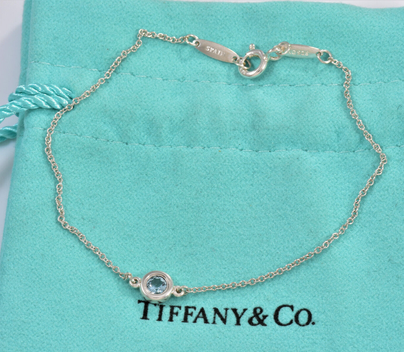 7.5" Tiffany & Co Silver Elsa Peretti Aquamarine Color By Yard Bracelet in Box