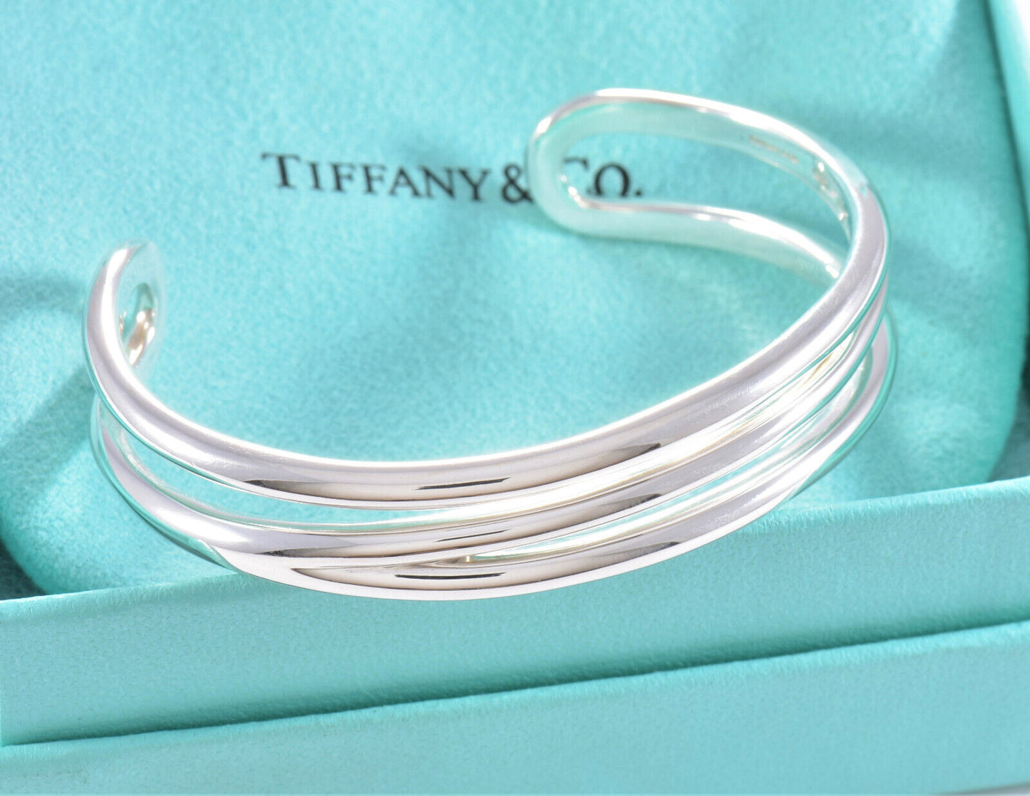 7.25" Tiffany & Co Silver Diagonal Open Weave Cuff Love Bracelet in Pouch