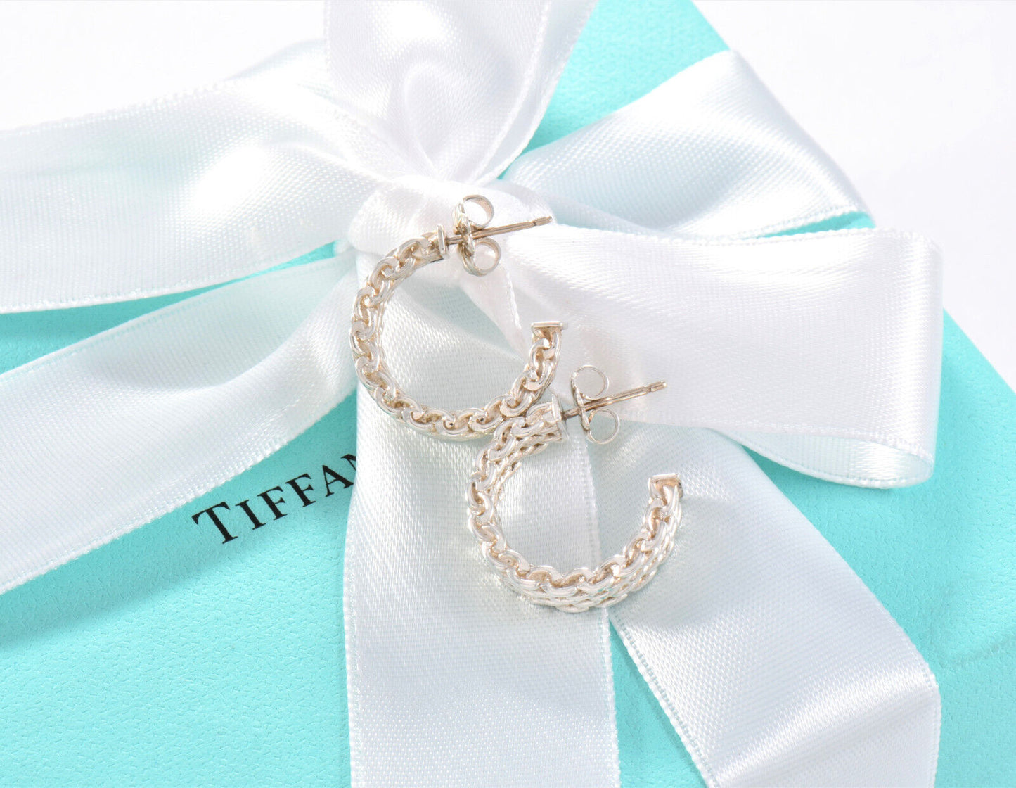 Tiffany & Co Sterling Silver Small 17mm Mesh Hoop Earrings in Box Narrow Rare