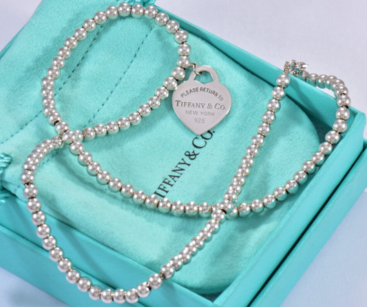 18.25" Please Return Tiffany & Co Silver Heart Tag Pendant Bead Necklace Pouch