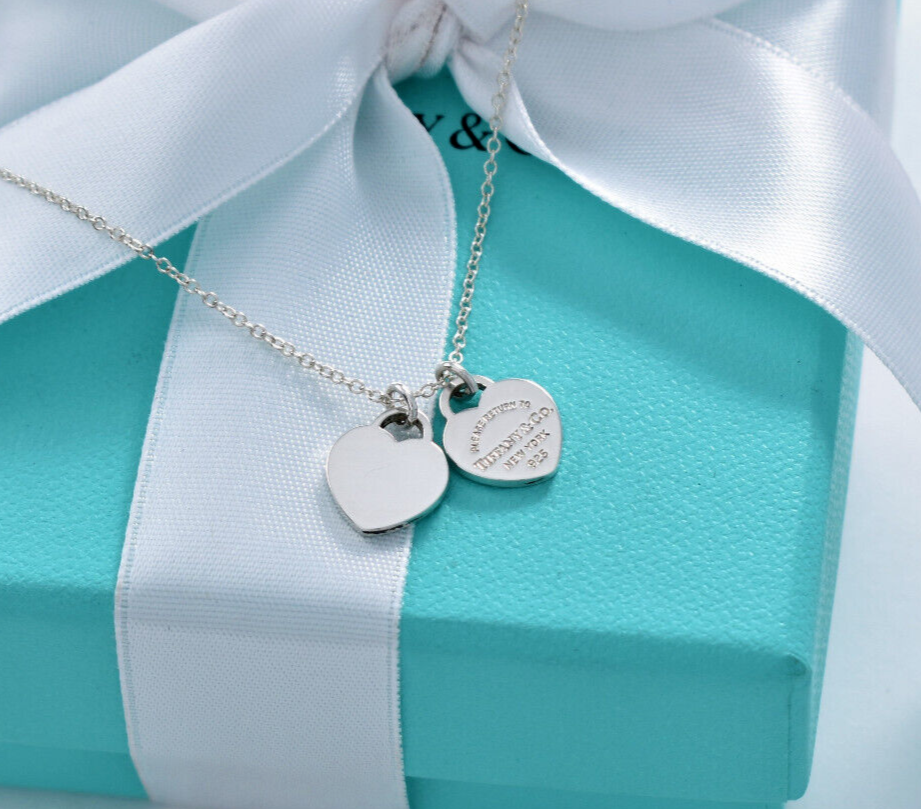 Return To Tiffany & Co Silver Mini Double Heart Pendant 16.25" Necklace in Pouch