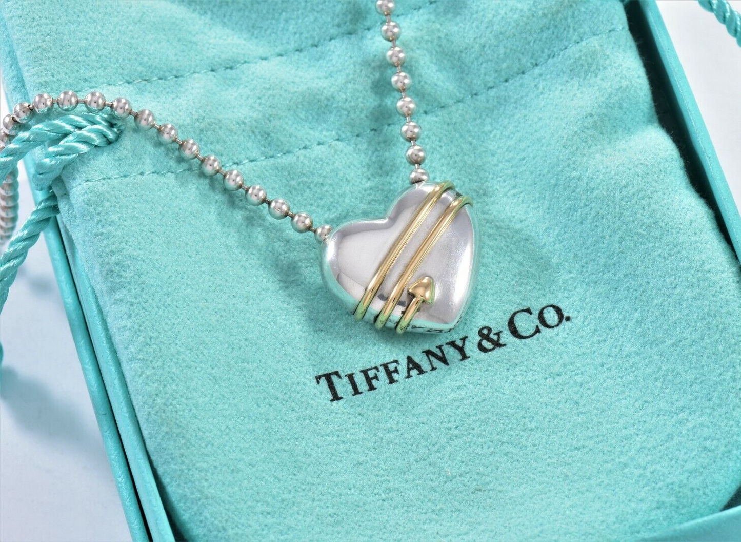 Vintage 1994 Tiffany & Co 18k Gold Silver Heart Arrow Pendant Bead Necklace Rare