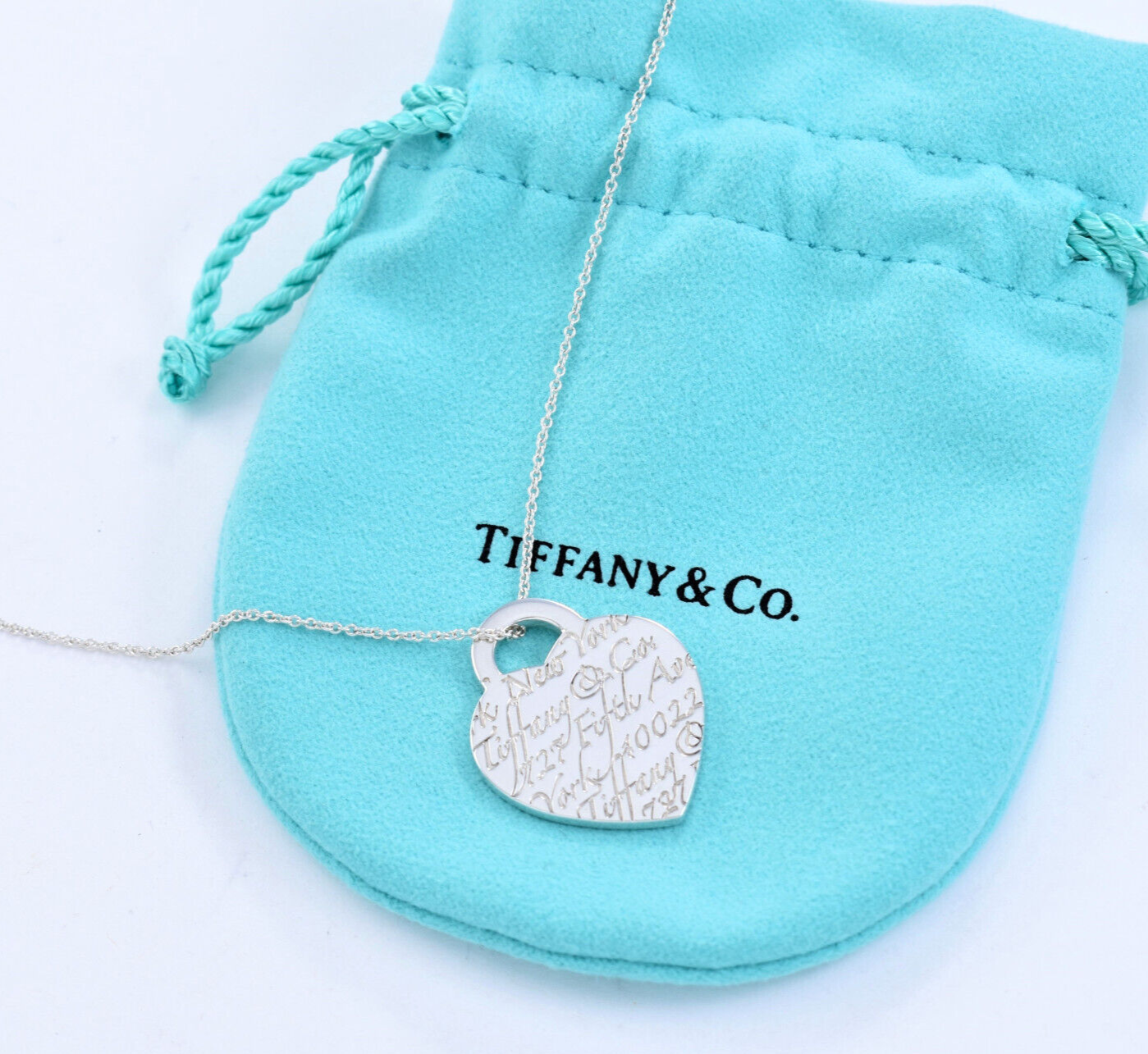 Tiffany & Co Silver Large 1" NY Adress Notes Heart Pendant 18" Necklace in Box