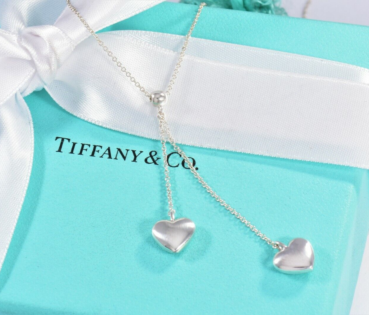 Boxed Tiffany & Co Silver Double Puff Heart Bead Drop Pendant Necklace Dangle