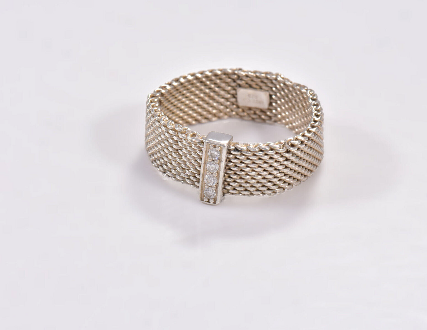 Size 8.5 Tiffany & Co Silver 4 Diamond Somerset Mesh Ring 7mm Wide Band