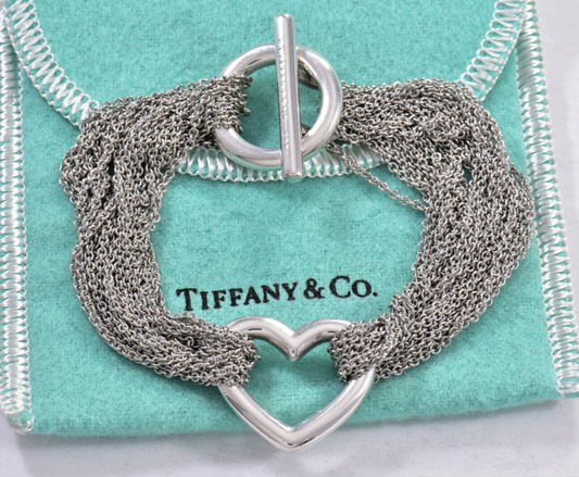 Tiffany & Co Sterling Silver Open Heart Toggle Mesh Multi Chain Bracelet & Pouch