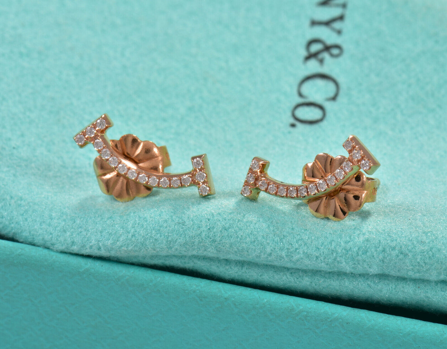 Tiffany & Co Diamond 18K Rose Gold Smile Earrings in Box Pouch Ribbon Studs Love