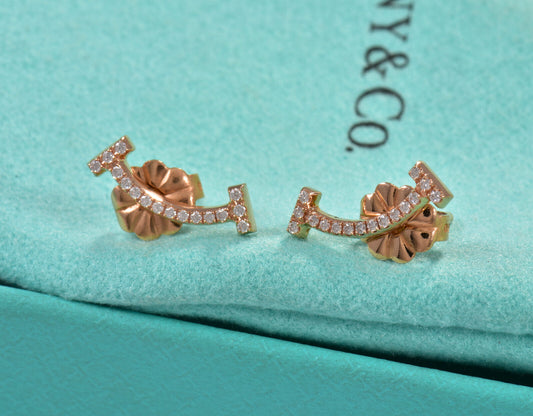 Tiffany & Co Diamond 18K Rose Gold Smile Earrings in Box Pouch Ribbon Studs Love