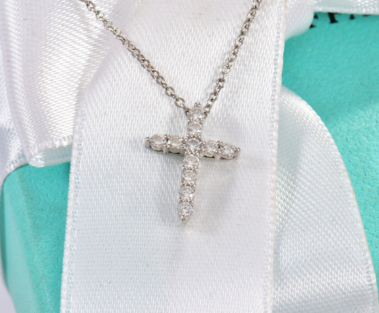 Tiffany & Co .21ct Diamond Platinum Cross Pendant 16.25" Necklace in Box Pouch