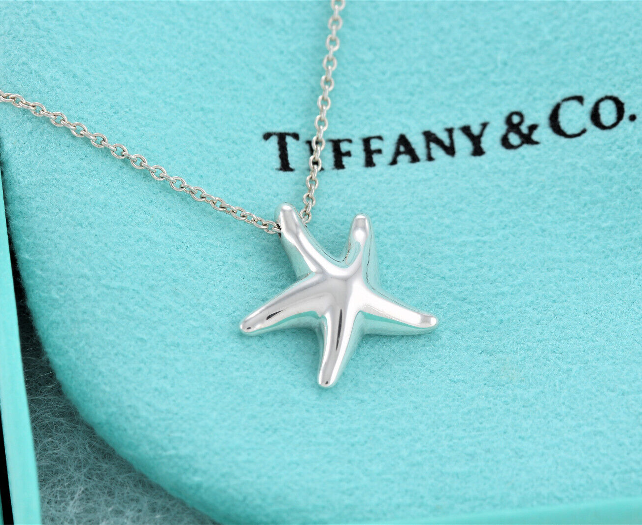 Tiffany & Co Silver Elsa Peretti Medium Starfish Pendant 16.25" Necklace & Pouch