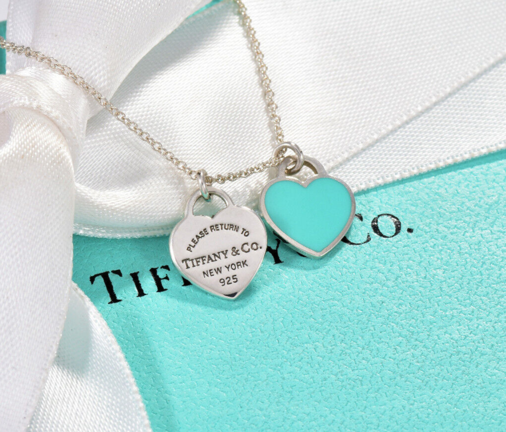 16.5" Please Return Tiffany & Co Silver Mini Double Heart Blue Enamel Necklace