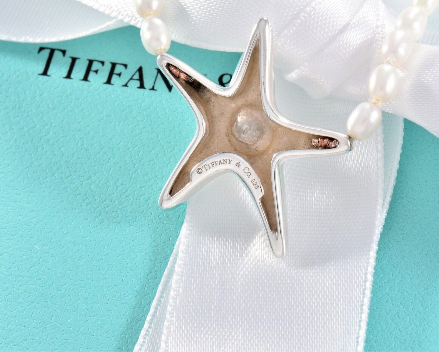 Vintage Tiffany & Co Sterling Silver Pearl Bead Starfish Pendant Necklace Pouch