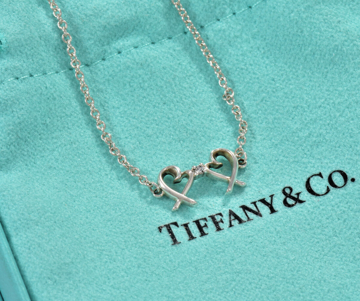 7.5" Tiffany & Co Diamond Silver Paloma Picasso Double Loving Heart Bracelet Box