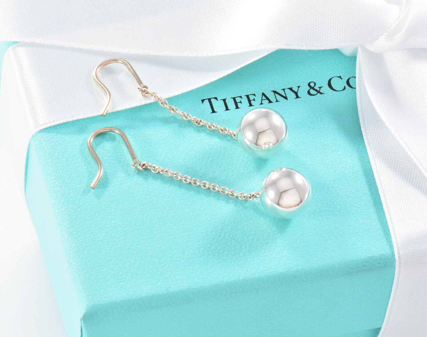 Tiffany & Co Sterling Silver 10mm HardWear Bead Drop Hook Earrings in Box Pouch