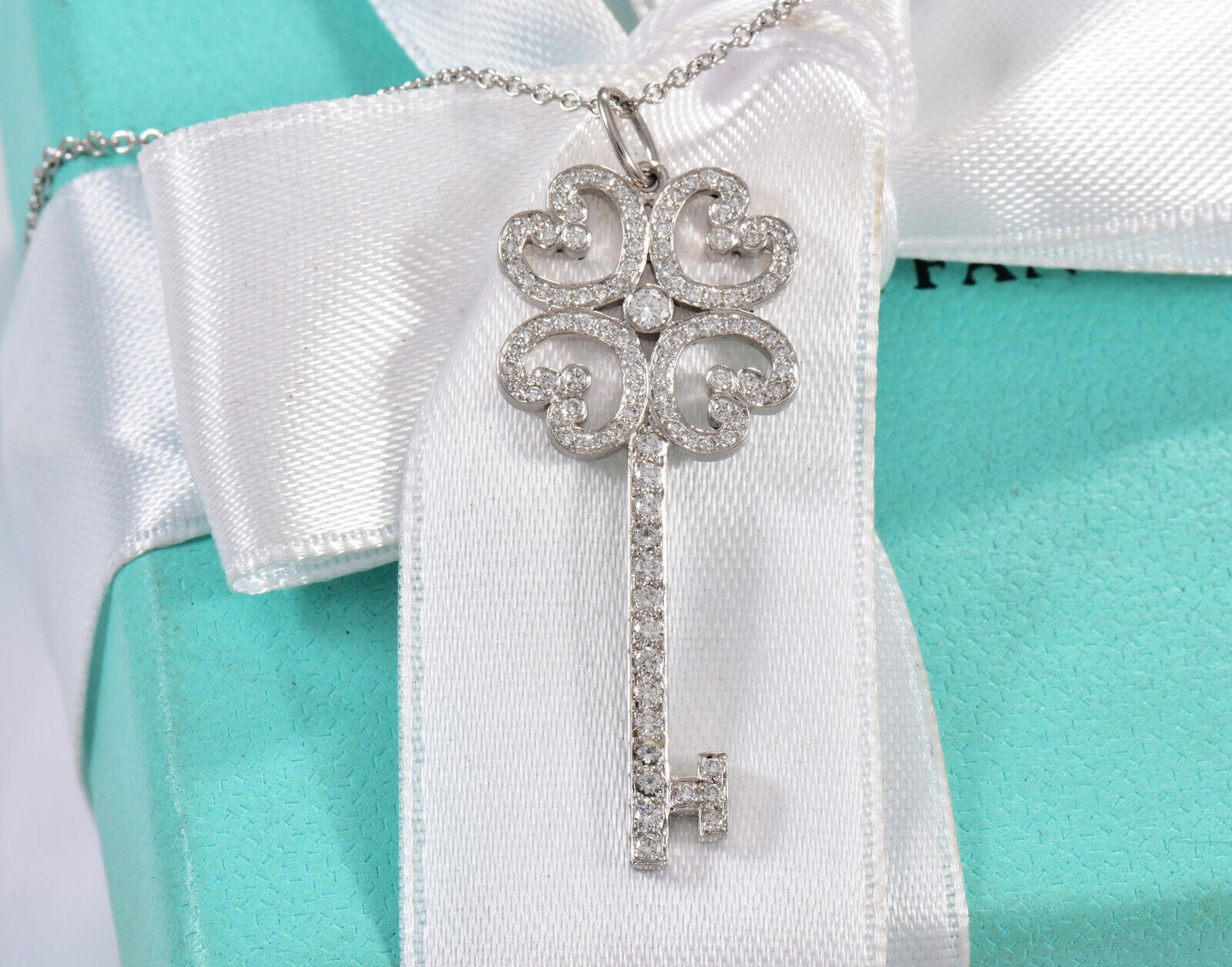 Tiffany & Co Diamond Platinum 35mm Quatra Heart Key Pendant 16" Necklace in Box