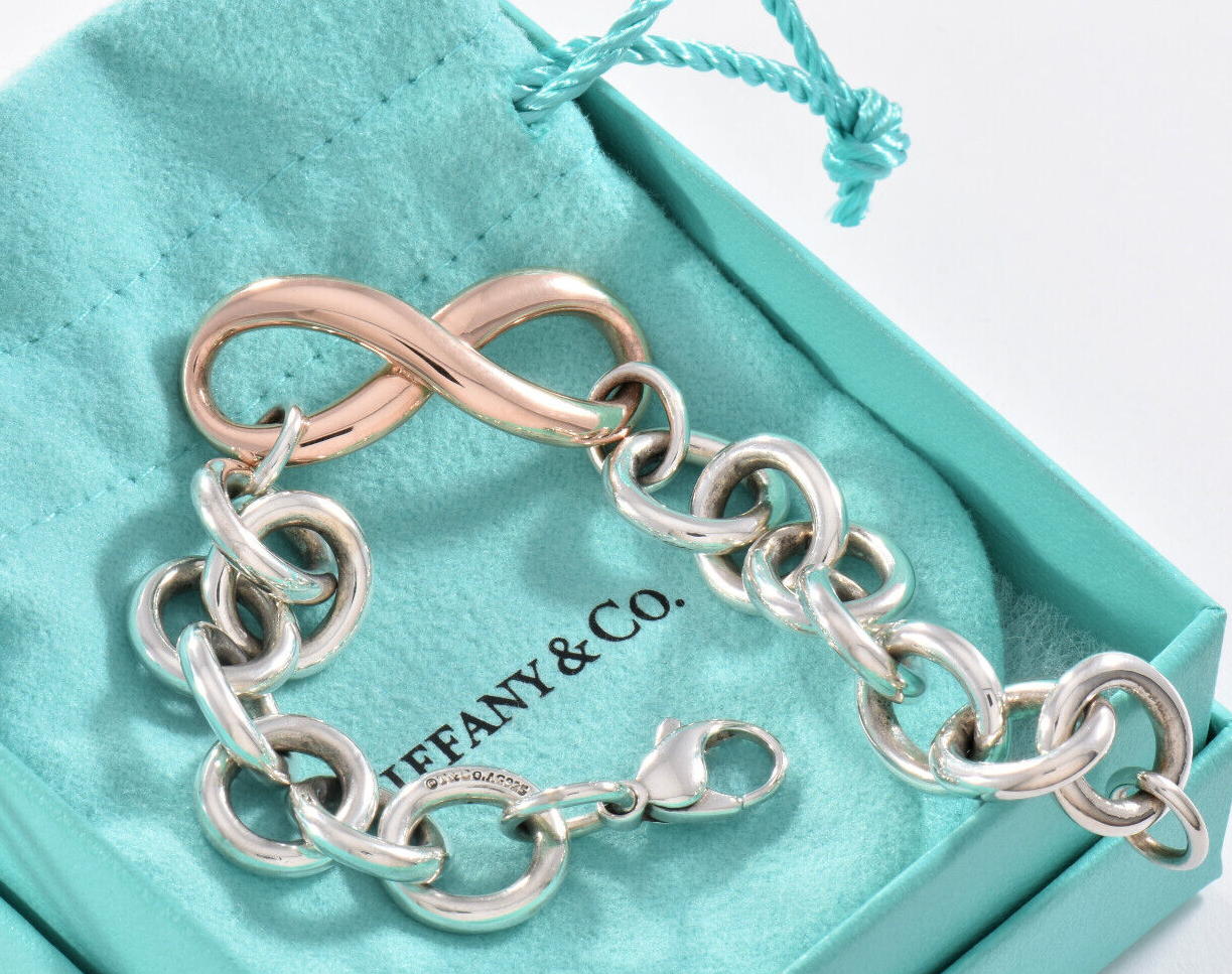 Heavy 7.75" Tiffany & Co Rubedo Gold Metal Silver Infinity Large Chain Bracelet