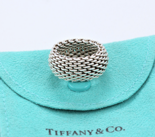 Size 7 Tiffany & Co Sterling Silver Somerset Mesh Dome Ring in Pouch Lovely