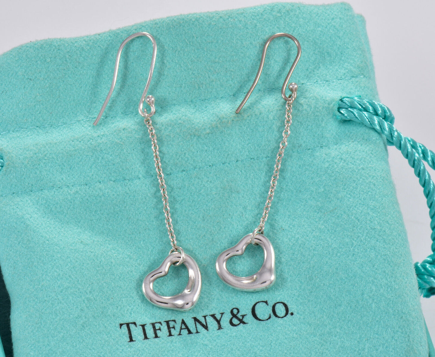 Tiffany & Co Silver Elsa Peretti Open Heart Drop Hook Earrings in Box Pouch Love