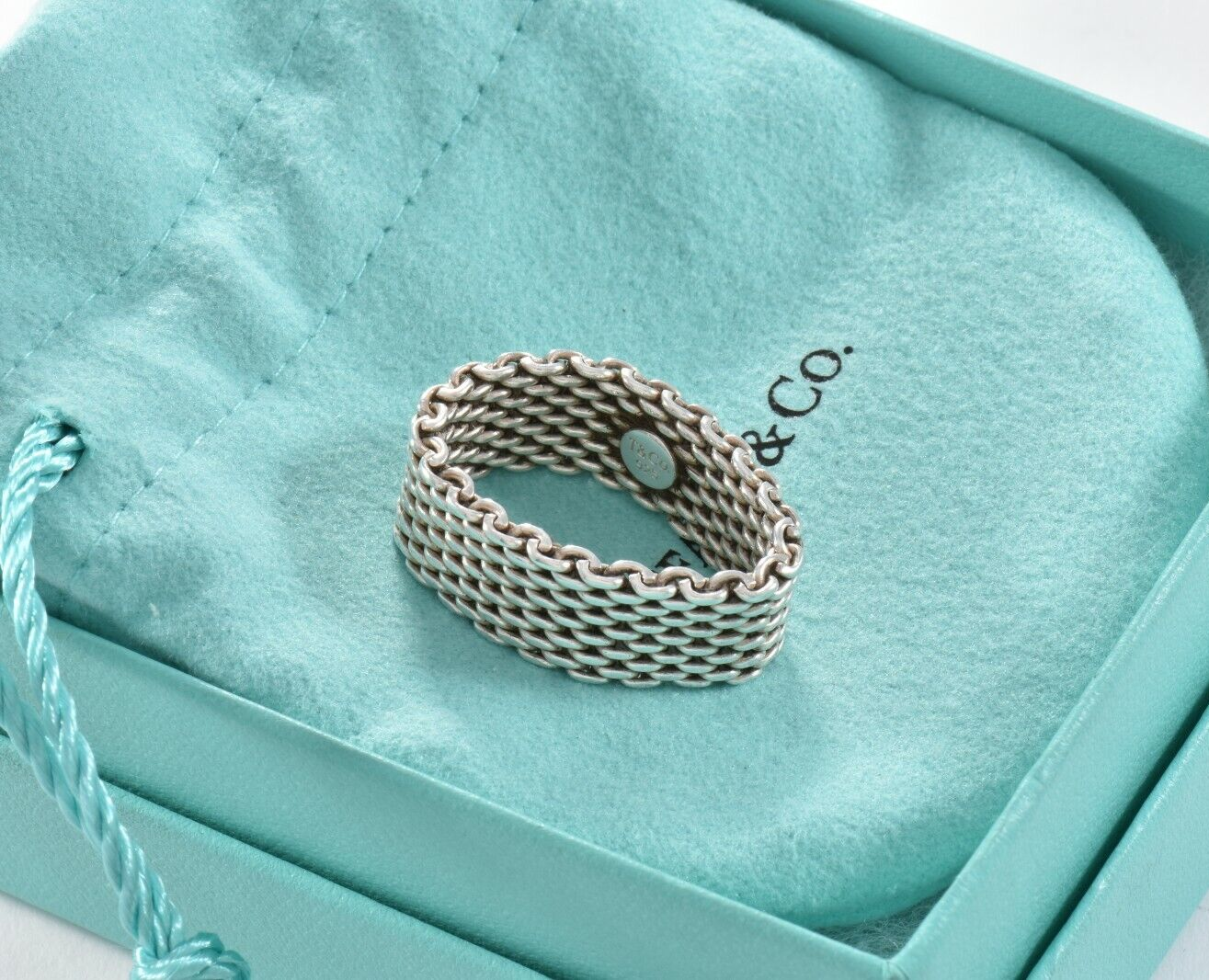 Size 10 Tiffany & Co Somerset Sterling Silver Mesh Ring in Pouch Lovely Rare