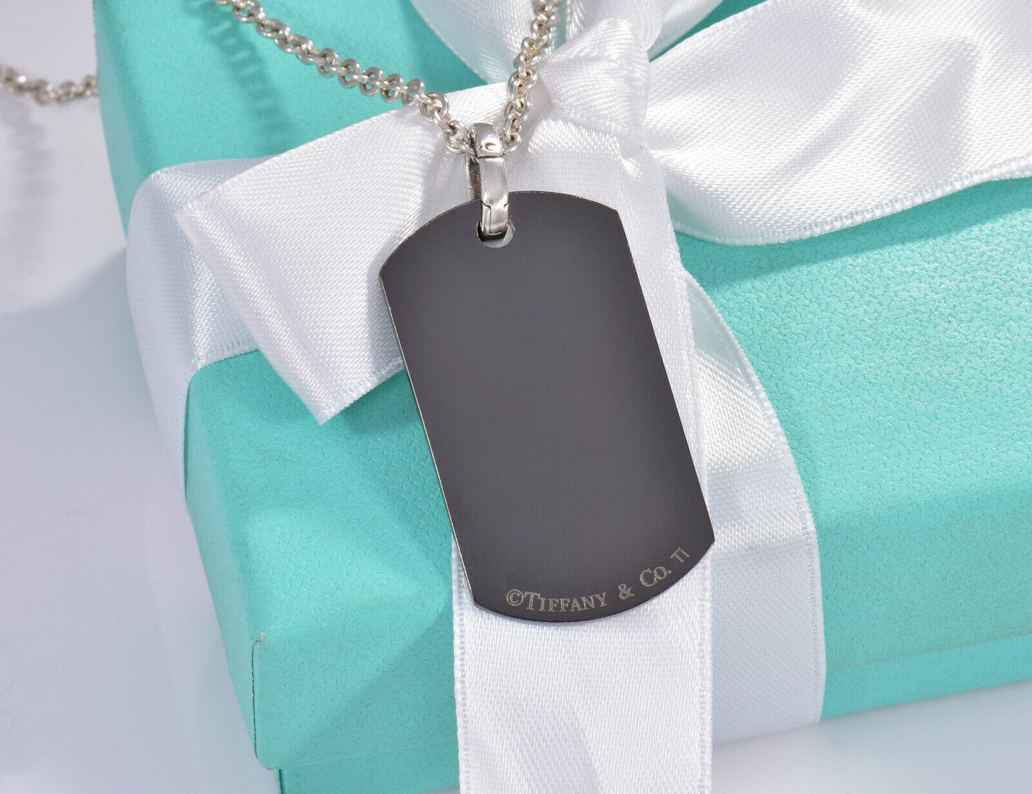 24" Tiffany & Co Silver Titanium Large DogTag Pendant Necklace in Box Pouch Men