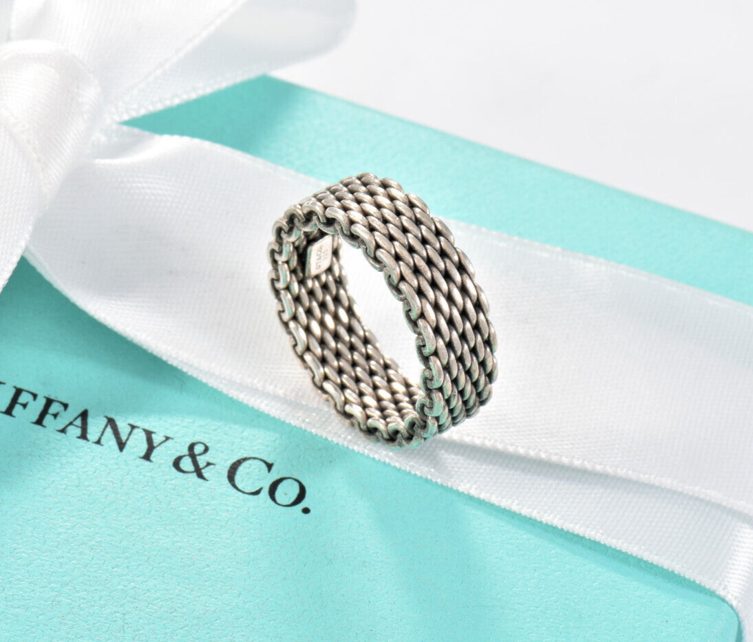 Size 4 Tiffany & Co Sterling Silver Somerset Mesh Firm Ring in Pouch Lovely Rare