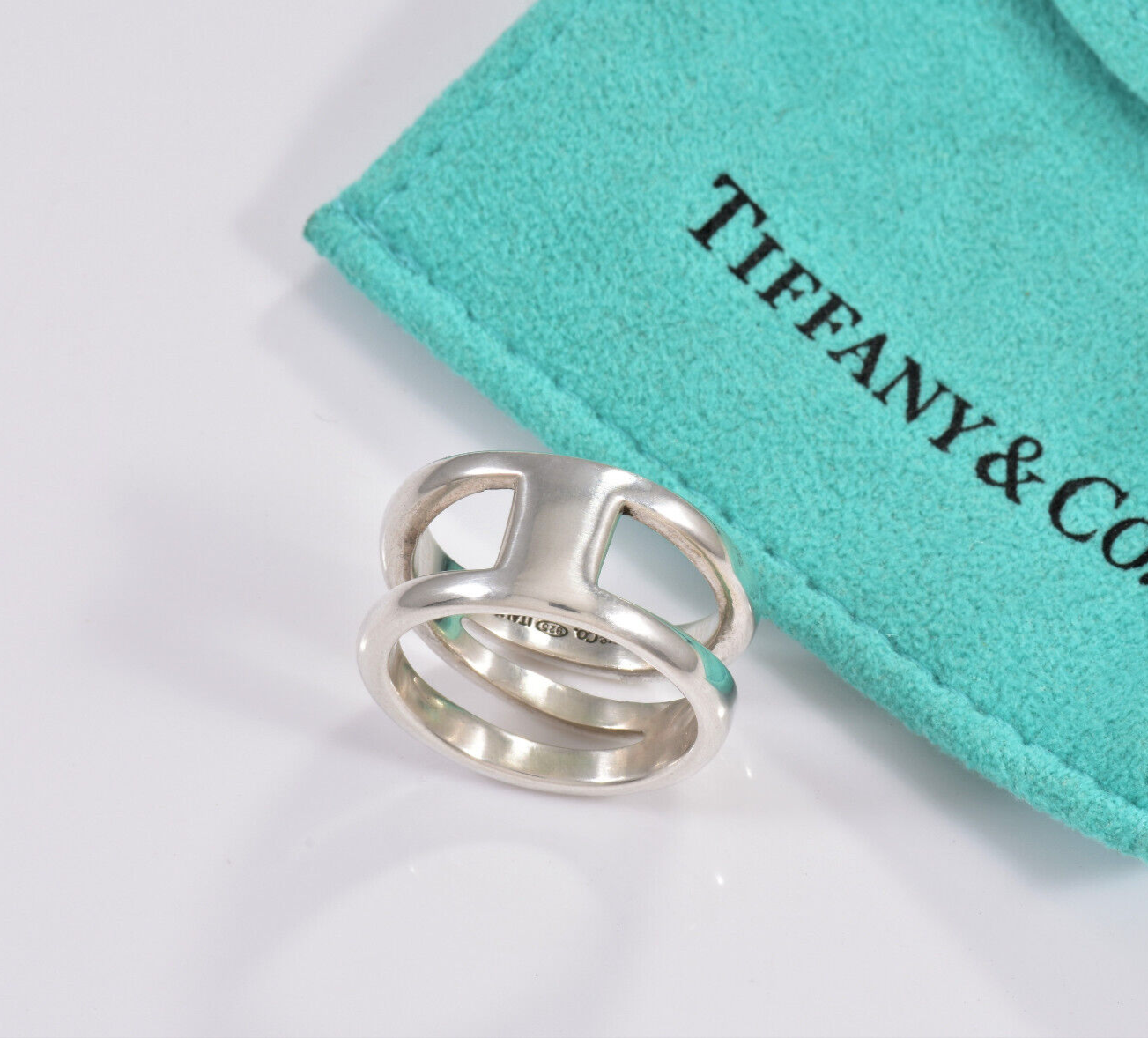 Size 6.5 Tiffany & Co Italy Silver Diagonal Open Weave Ring in Pouch Modern Love