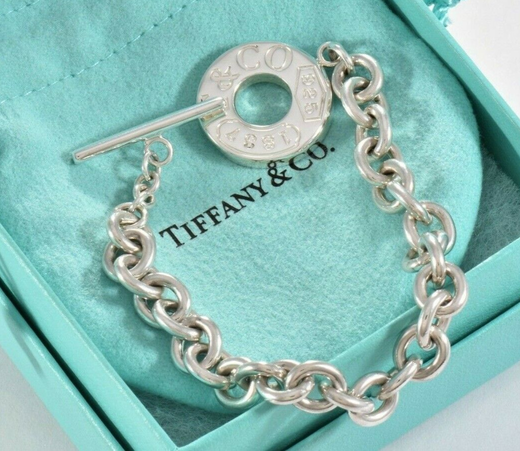 Tiffany & Co Sterling Silver 1837 Toggle Chain 7.5" Bracelet and Pouch Rare