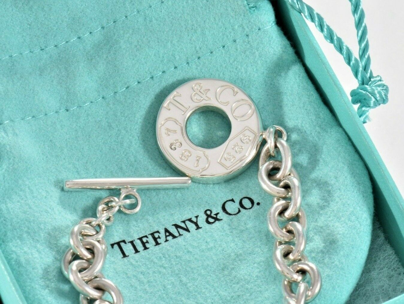 Tiffany & Co Sterling Silver 1837 Toggle Chain 7.5" Bracelet and Pouch Rare