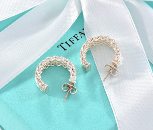 Tiffany & Co Sterling Silver Small 17mm Mesh Hoop Earrings in Box Narrow Rare