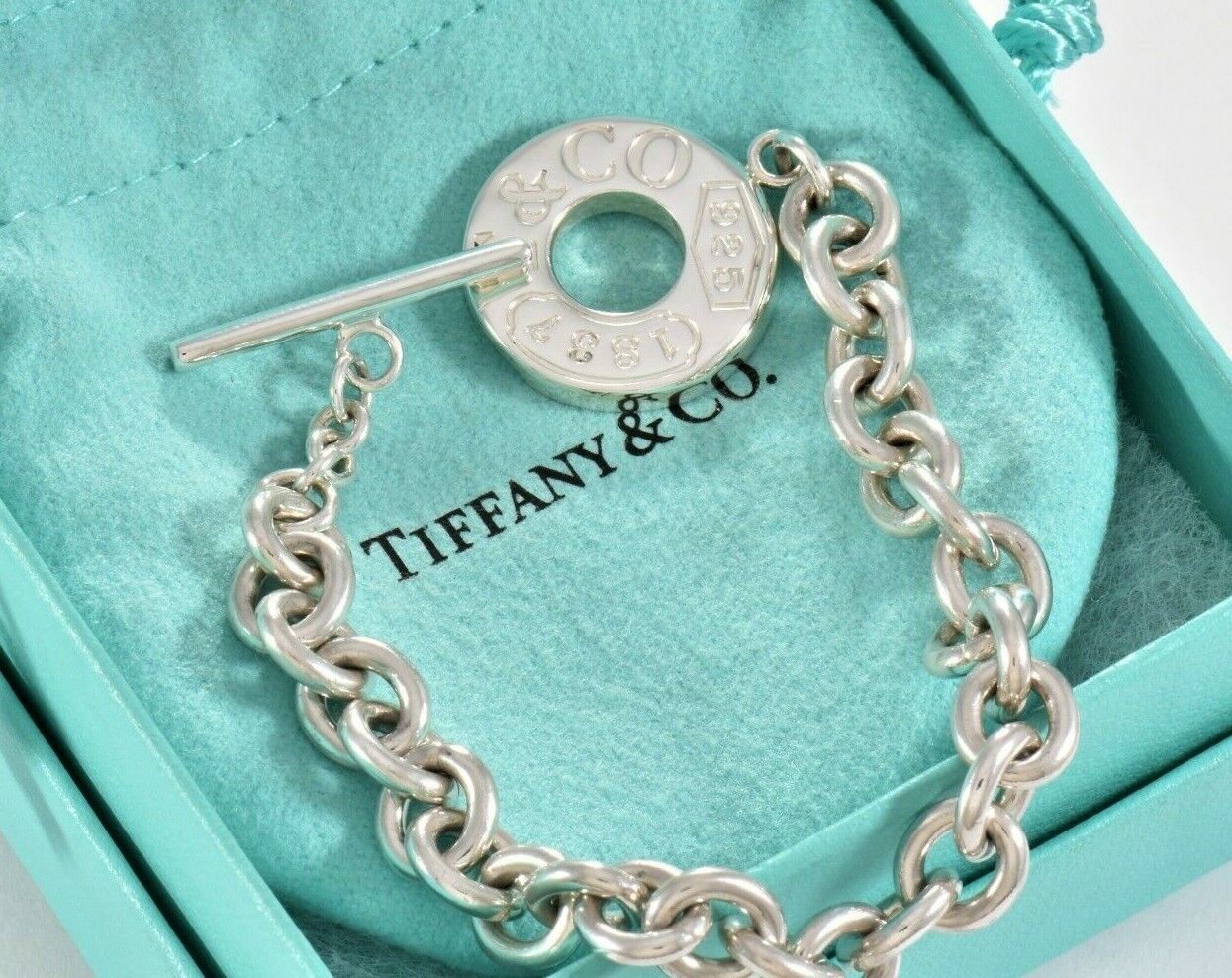 Tiffany & Co Sterling Silver 1837 Toggle Chain 7.5" Bracelet and Pouch Rare