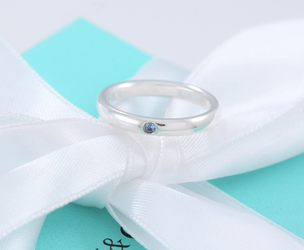 Size 5 Tiffany & Co Silver Elsa Peretti Blue Sapphire Stack Ring in Box Pouch