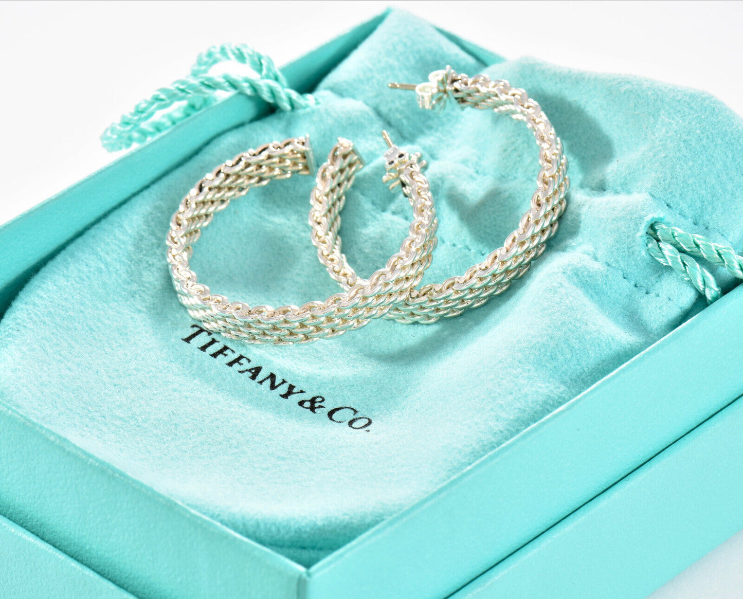 Tiffany & Co Sterling Silver Large 33mm Mesh Hoop Earrings in Box Narrow Rare