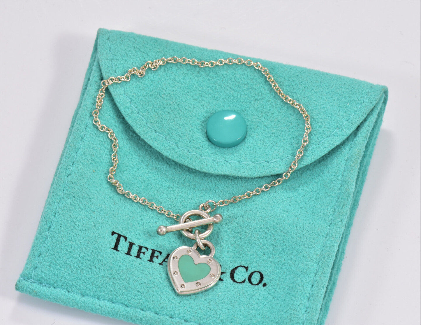 Return To Tiffany & Co Silver Blue Enamel Heart Charm Toggle 6.25" Bracelet Rare