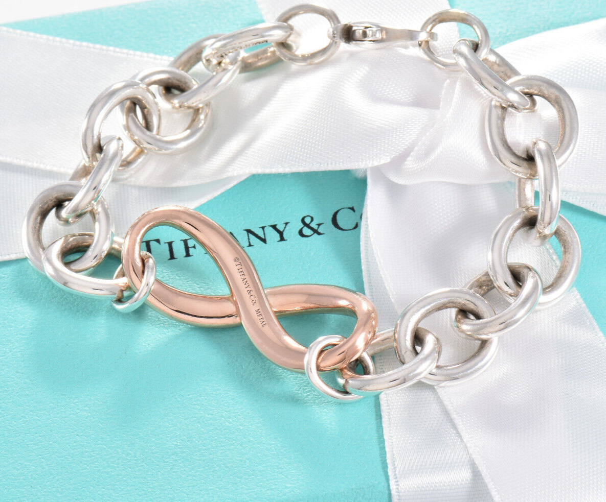 Heavy 7.75" Tiffany & Co Rubedo Gold Metal Silver Infinity Large Chain Bracelet