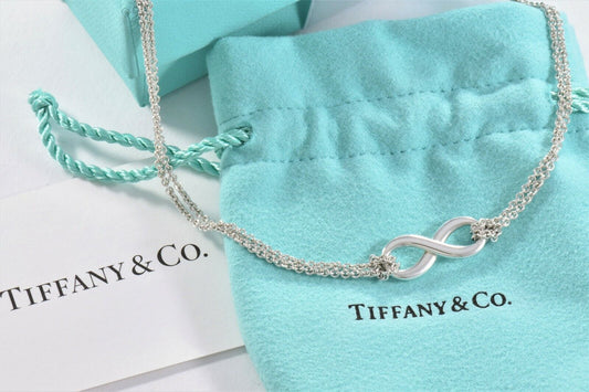 Tiffany & Co Silver Infinity Pendant 16" Double Chain Necklace in Box Pouch Card