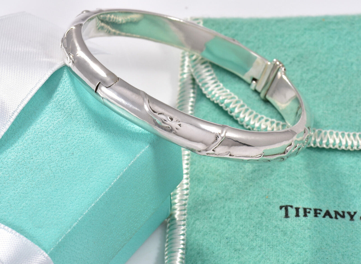 Tiffany & Co Silver Rose Flower Bangle Hinged Bracelet in Box Pouch Ribbon Rare