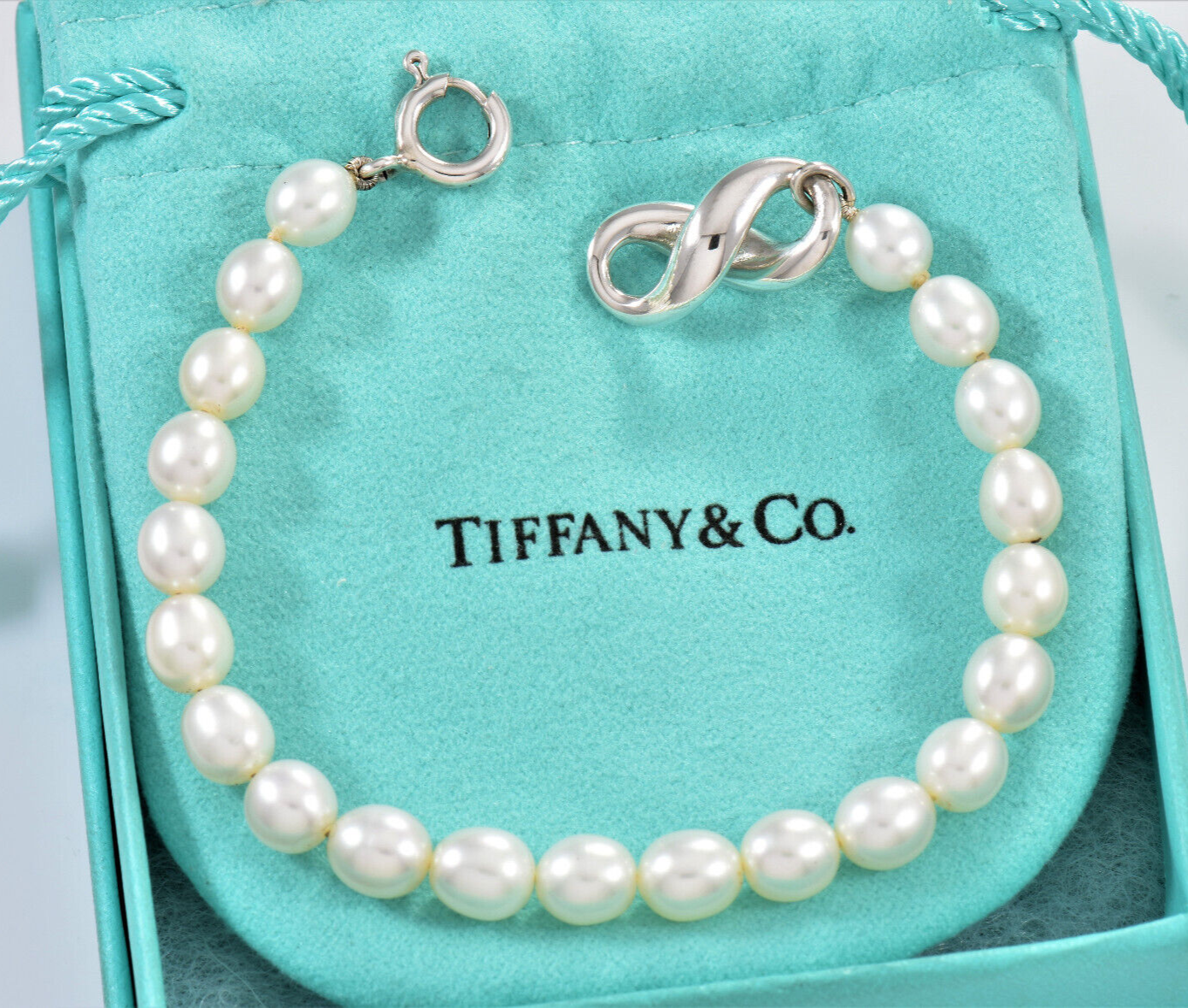 Vintage Tiffany & Co Silver Pearl Bead Infinity Charm Bracelet 7.65" in Pouch