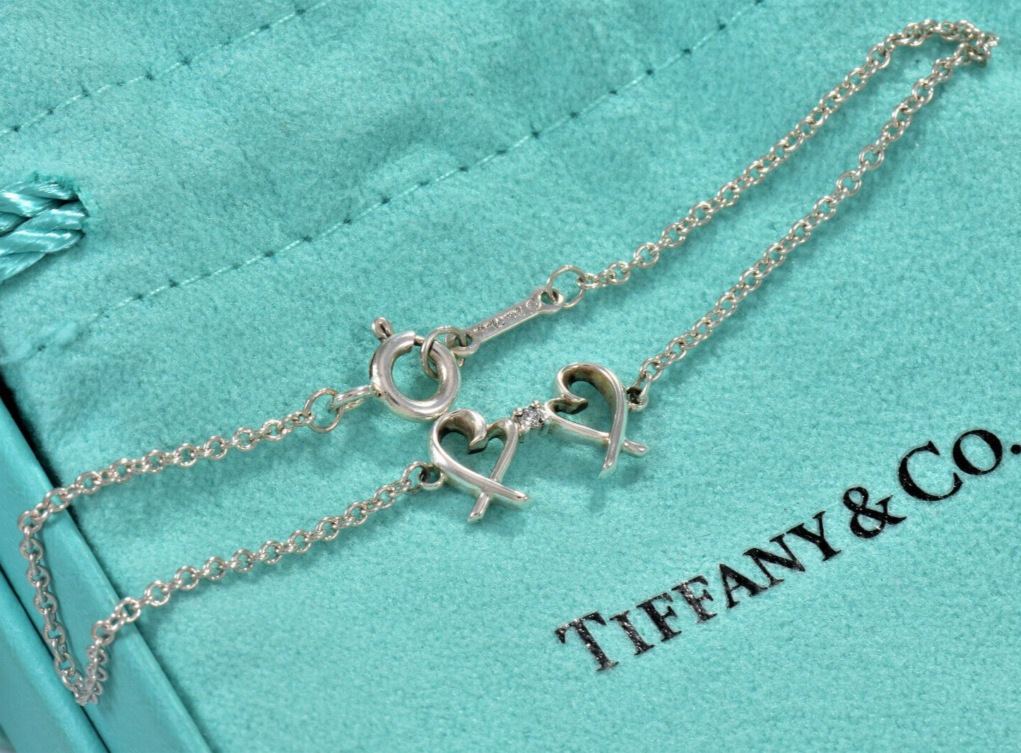 7.5" Tiffany & Co Diamond Silver Paloma Picasso Double Loving Heart Bracelet Box