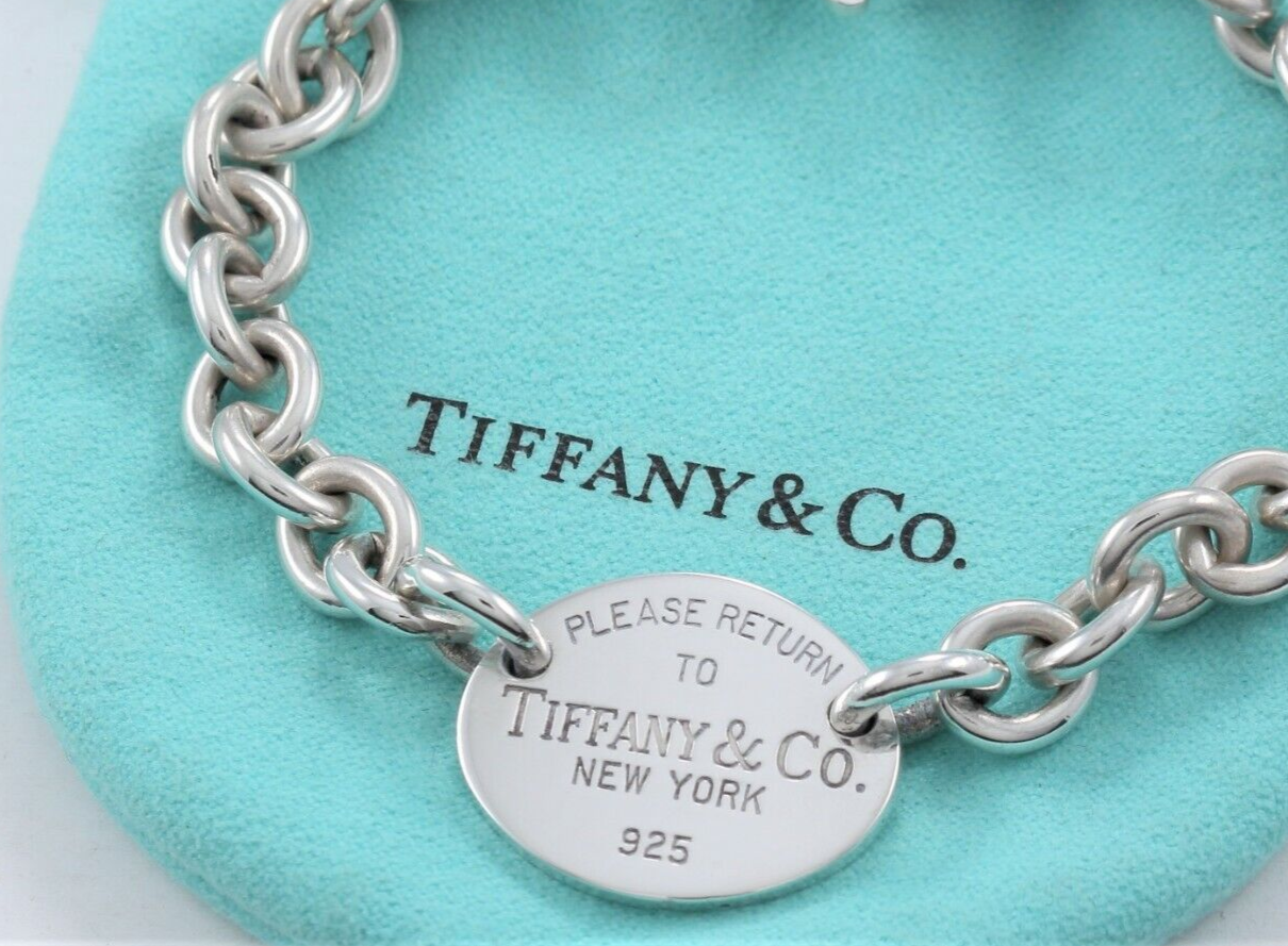 7.85" Please Return To Tiffany & Co Silver Oval Charm Chain Link Bracelet Pouch