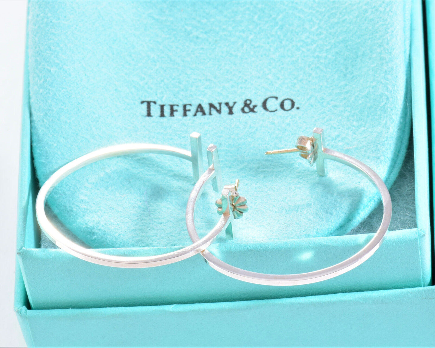 Tiffany & Co Silver 1.4" Large T Square Hoop Earrings in Box Rare 36mm Wire