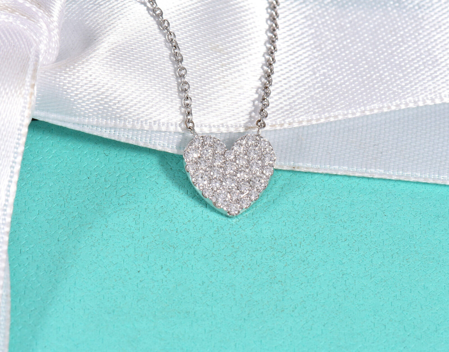 Tiffany & Co Diamond 18K White Gold Large Metro Heart Pendant Necklace Pave Rare