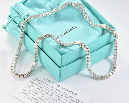 16.2" Tiffany & Co Silver Venetian Box Link Necklace in Pouch Mens Gift Unisex