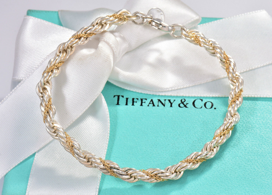 Vintage Tiffany & Co Silver 18K Yellow Gold Rope Chain 7.25" Bracelet in Pouch