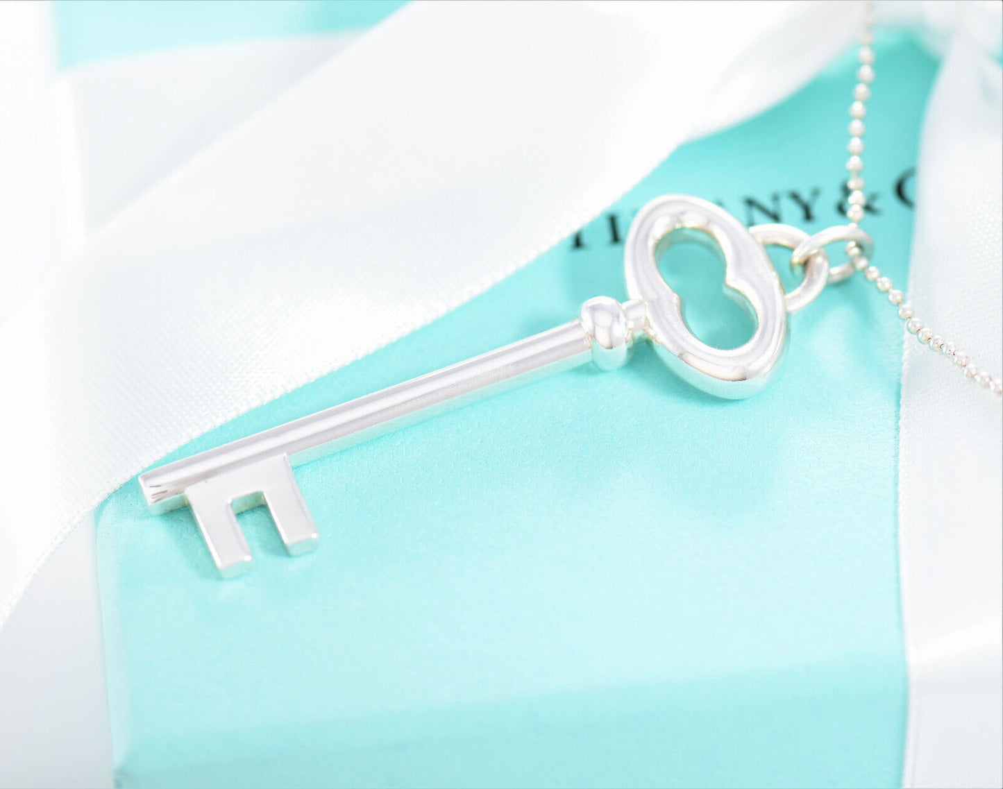 Tiffany & Co Silver Large 2" Oval Key Charm Pendant 16.25" Bead Chain Necklace