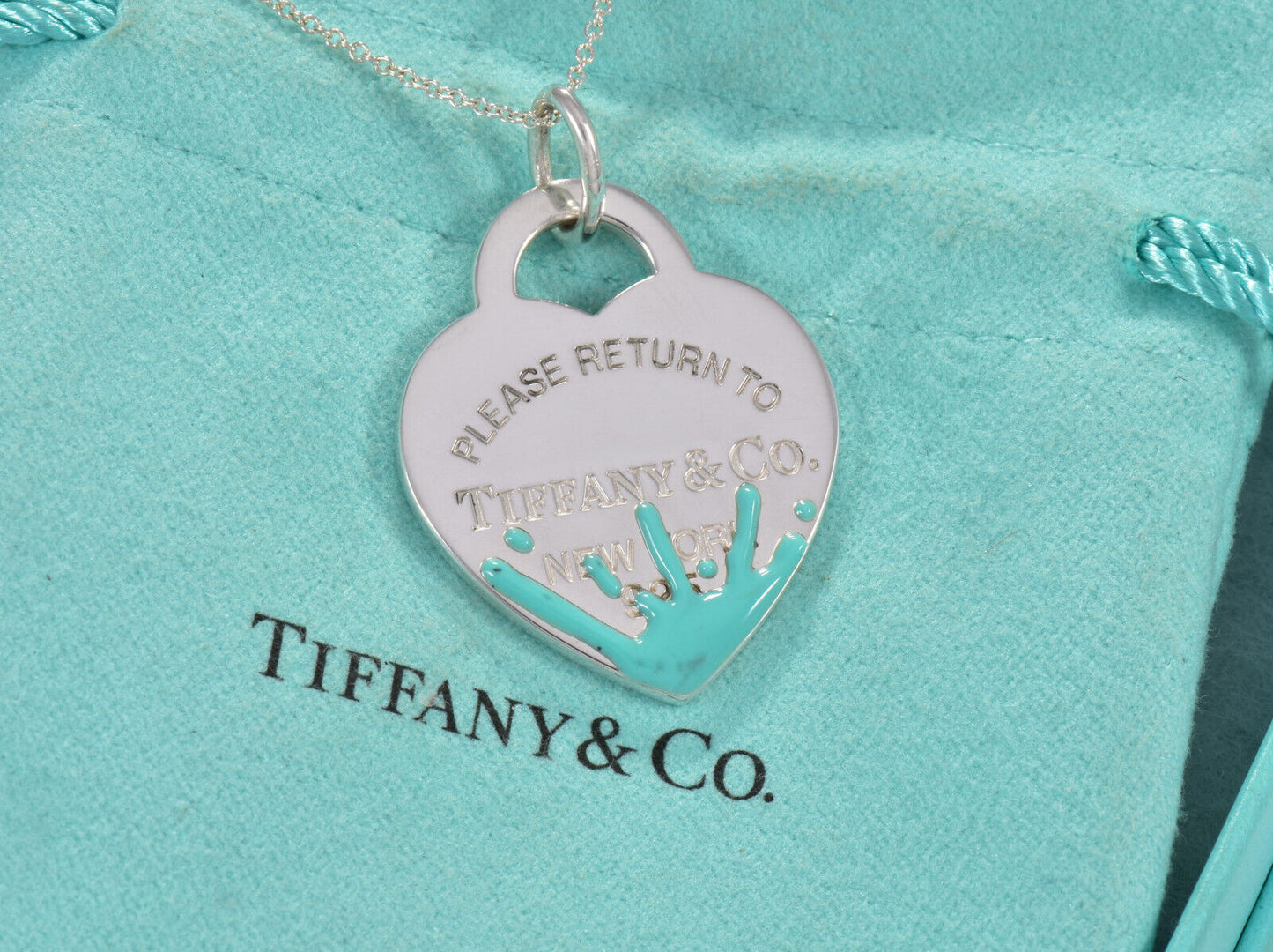 Please Return To Tiffany Silver Large Blue Enamel Splash Heart Pendant Necklace