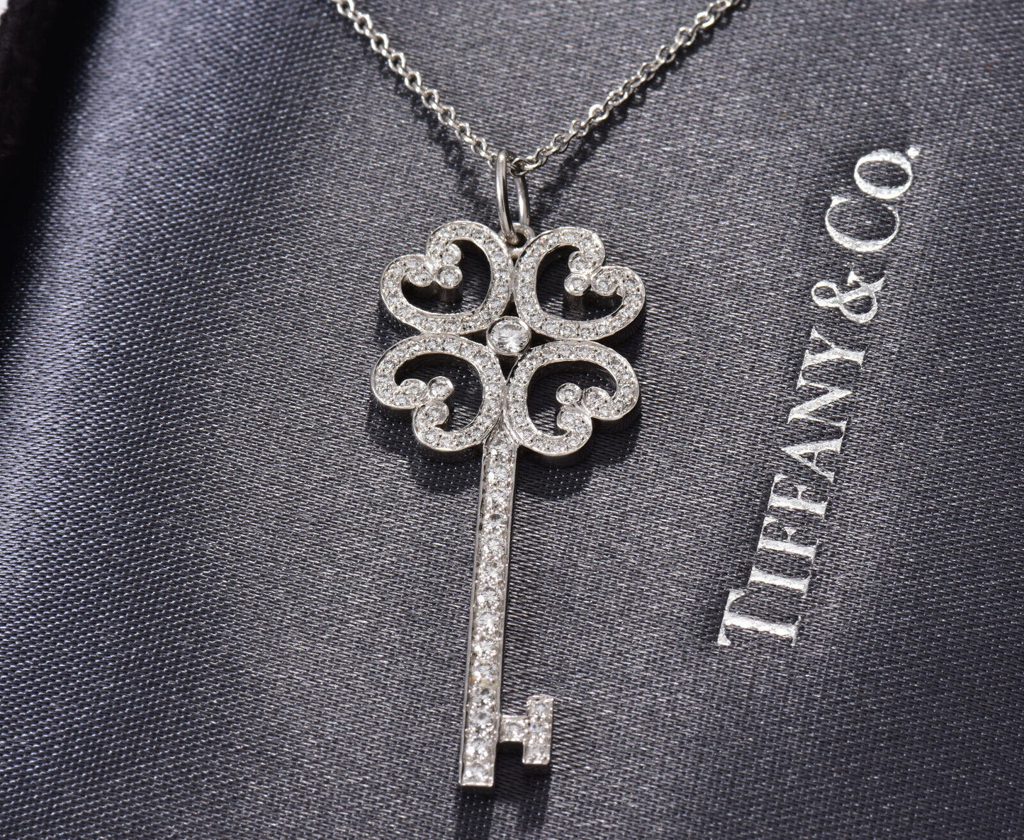 Tiffany & Co Diamond Platinum 35mm Quatra Heart Key Pendant 16" Necklace in Box