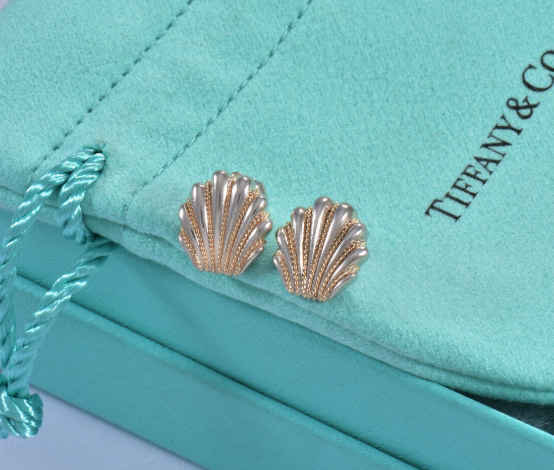 Vintage Tiffany & Co 14K Gold Silver Sea Shell Braid Swirl Earrings & Pouch Rare